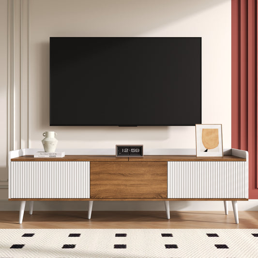 Meuble TV à trois portes, blanc et bois naturel