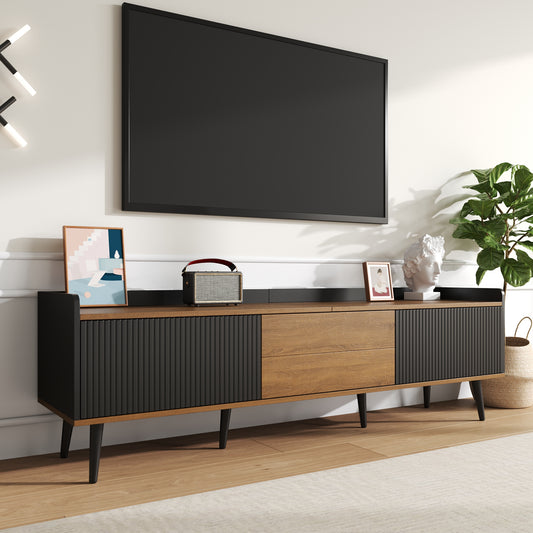 Meuble TV à trois portes, noir et bois naturel