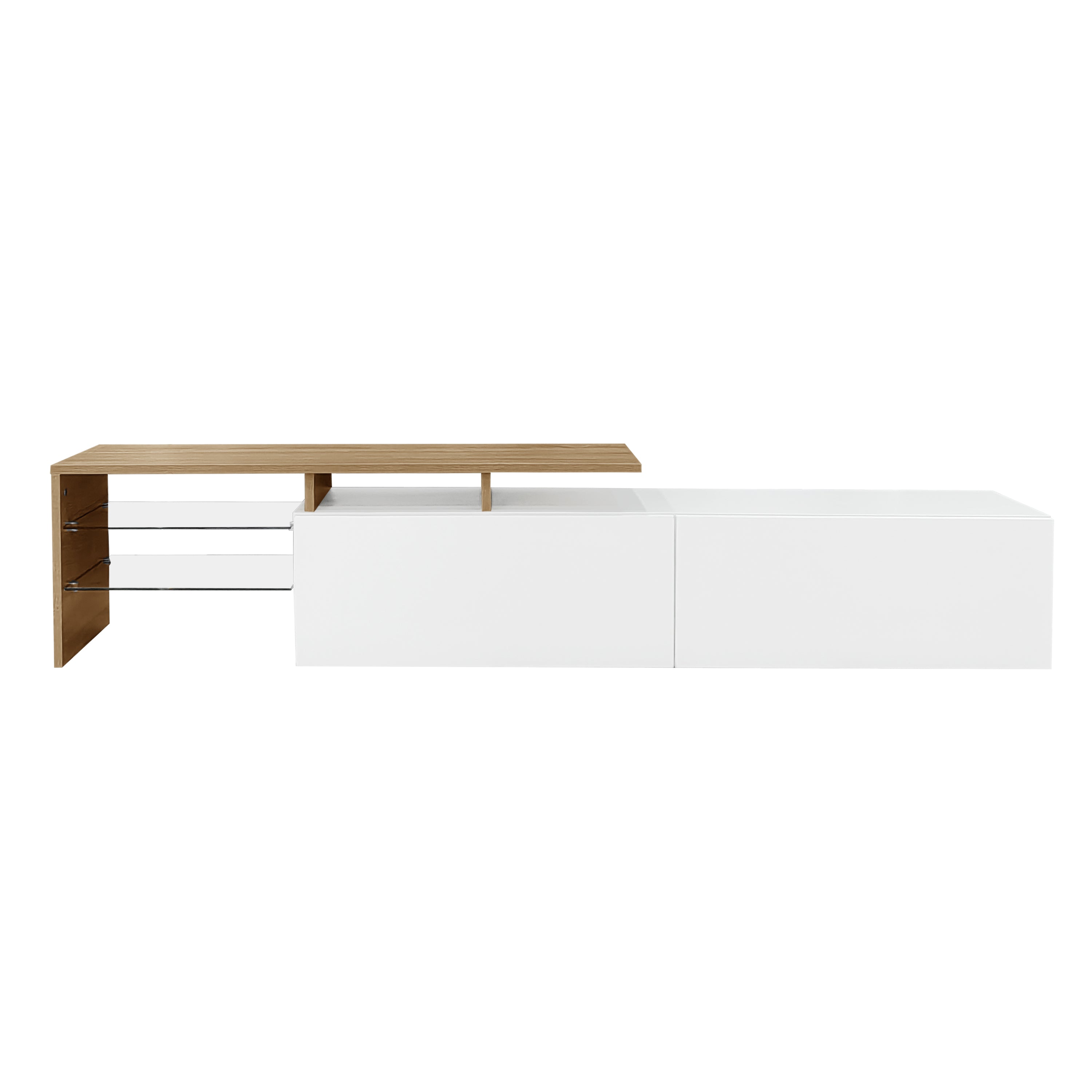 Meuble TV blanc et bois, étagères en verre, éclairage LED