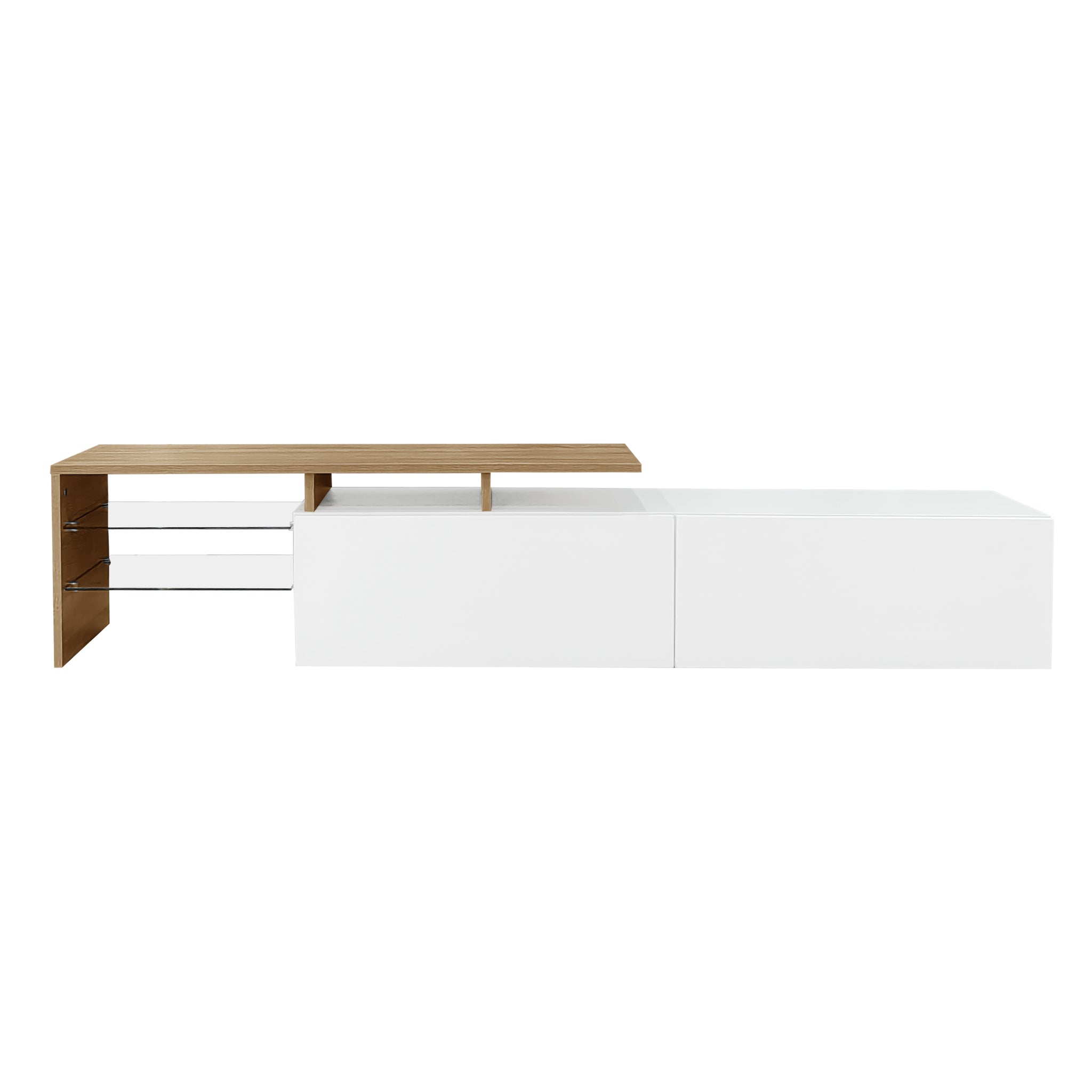 Meuble TV blanc et bois, étagères en verre, éclairage LED