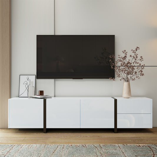 Meuble TV façades blanches brillantes, bande lumineuse LED