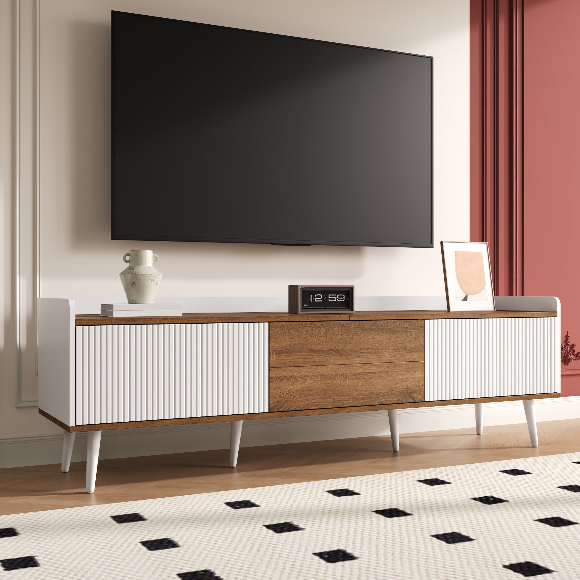 Meuble TV à trois portes, blanc et bois naturel