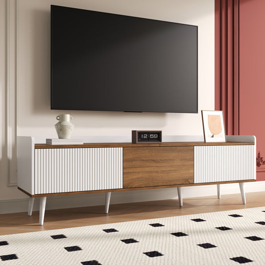 Meuble TV à trois portes, blanc et bois naturel