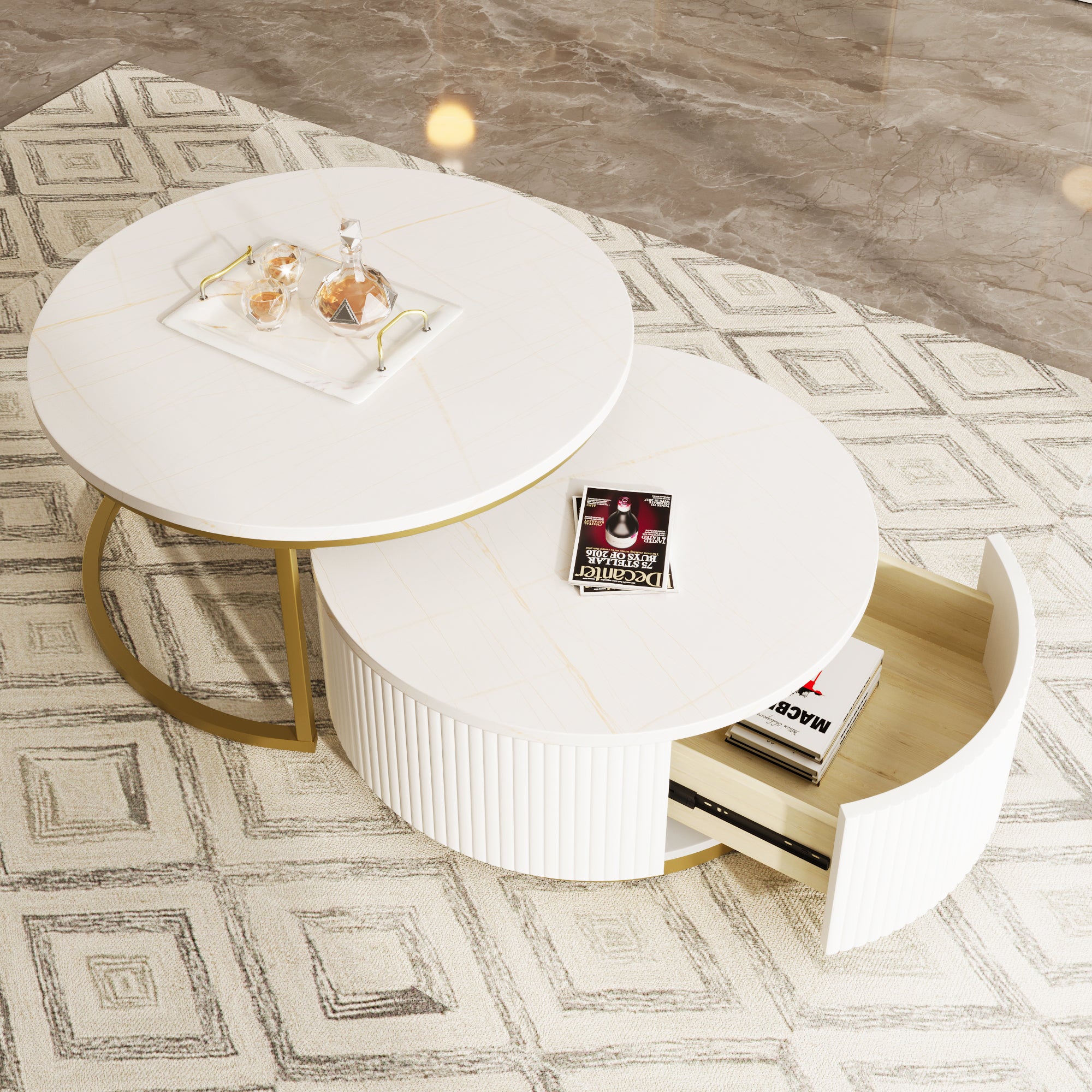 Table à café ronde avec 1 grand tiroir