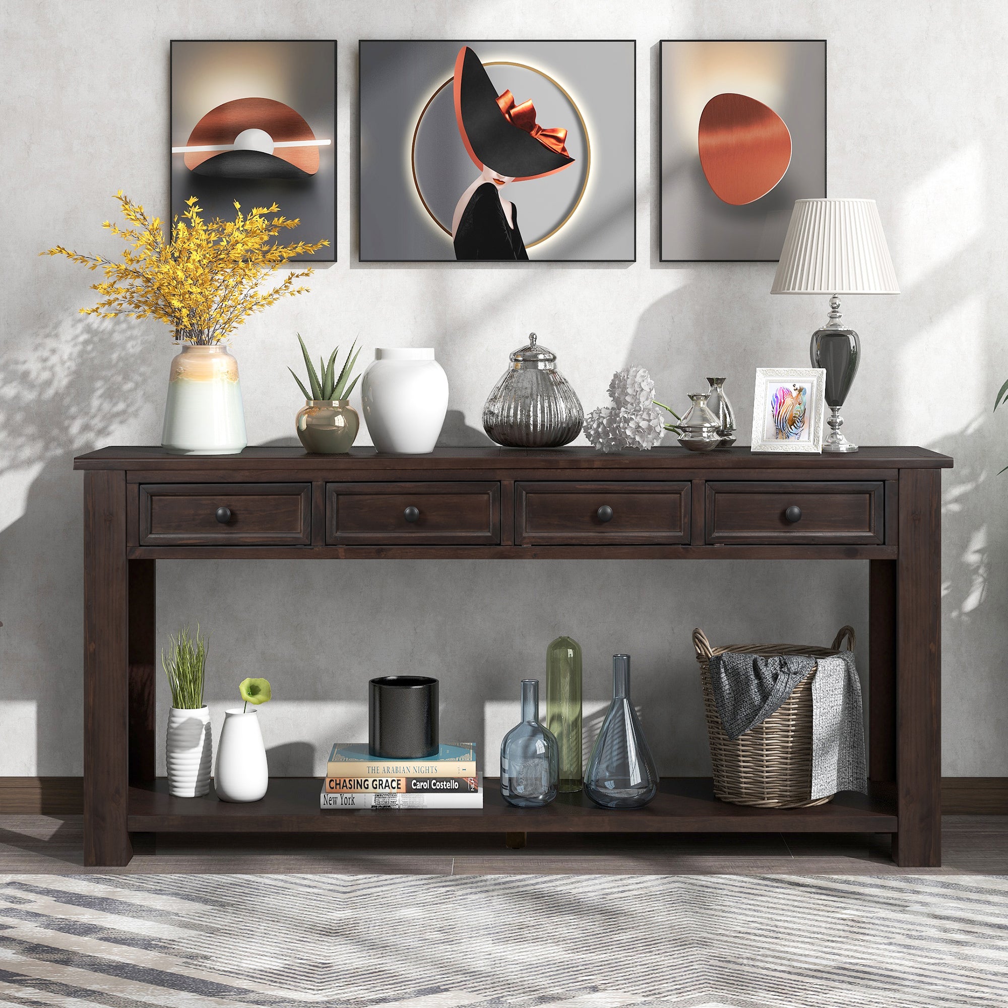 Console en bois massif avec 4 tiroirs et étagère inférieure