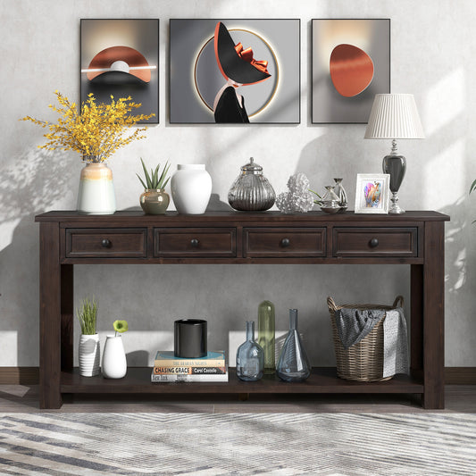 Console en bois massif avec 4 tiroirs et étagère inférieure