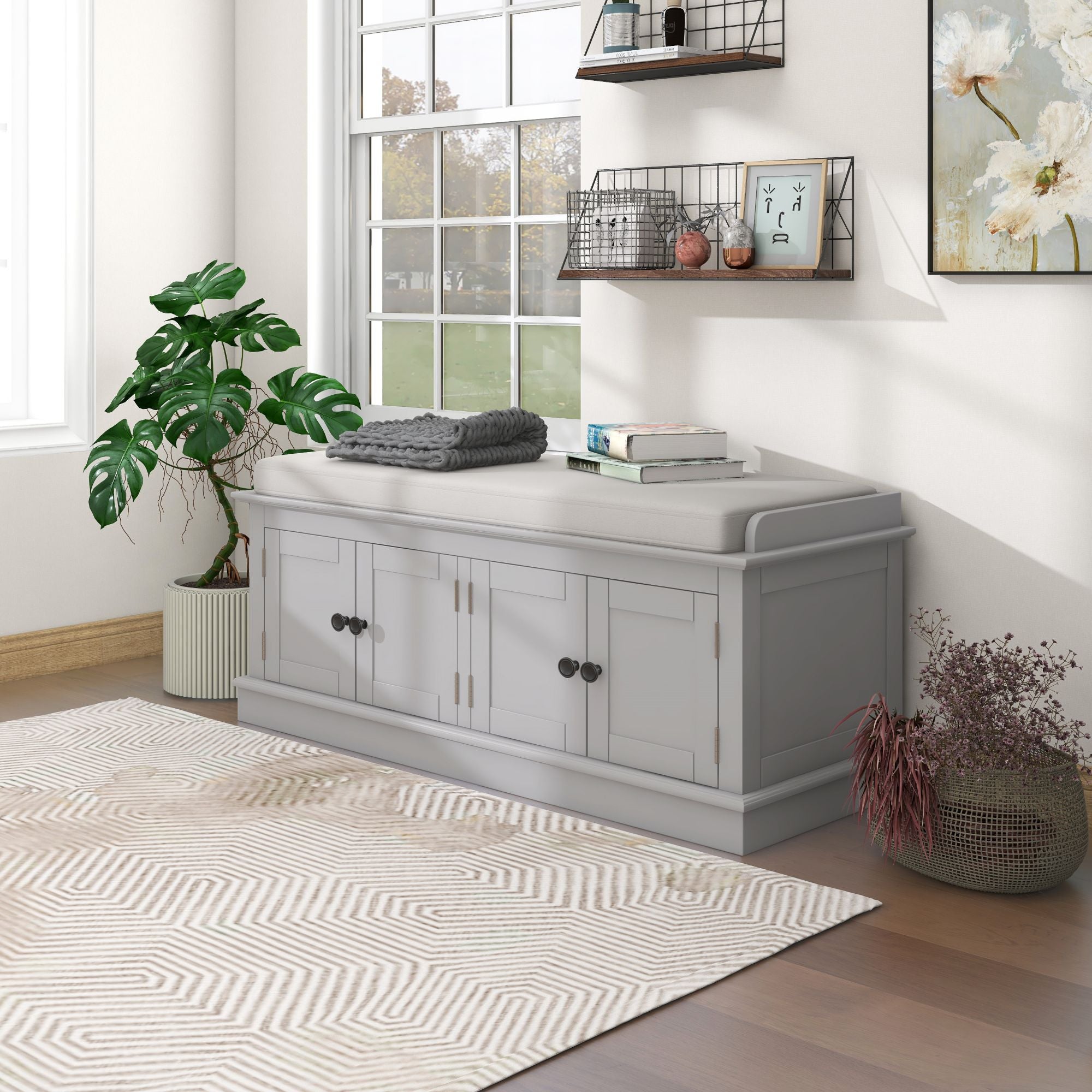 Banc de rangement à chaussure 4 portes avec coussin amovible