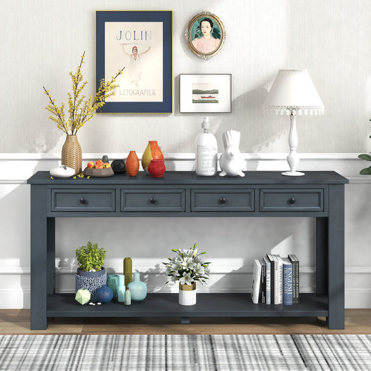 Console en bois massif avec 4 tiroirs et étagère inférieure