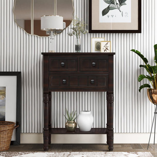 Console en bois massif avec trois tiroirs et étagère inférieure