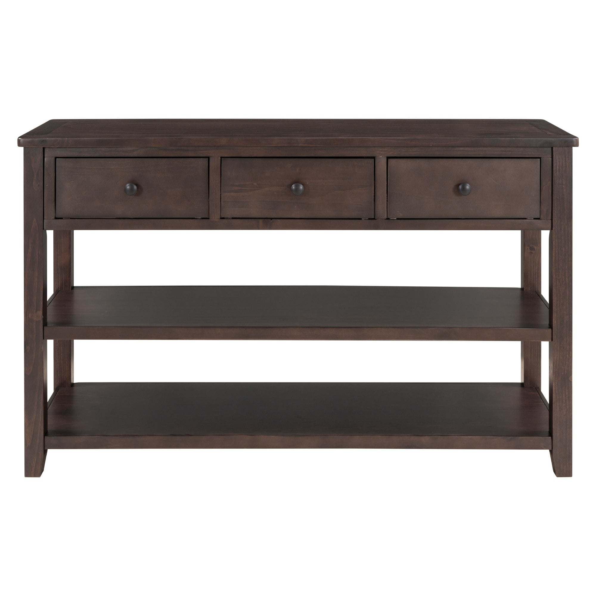 Console en bois massif avec trois tiroirs et deux étagères