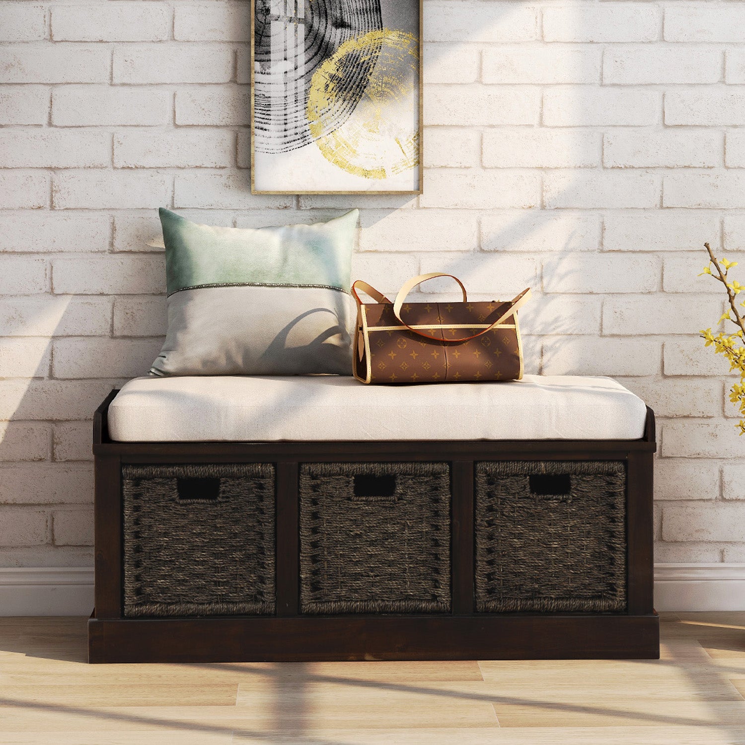 Banc de rangement avec 3 paniers amovibles en rotin classique