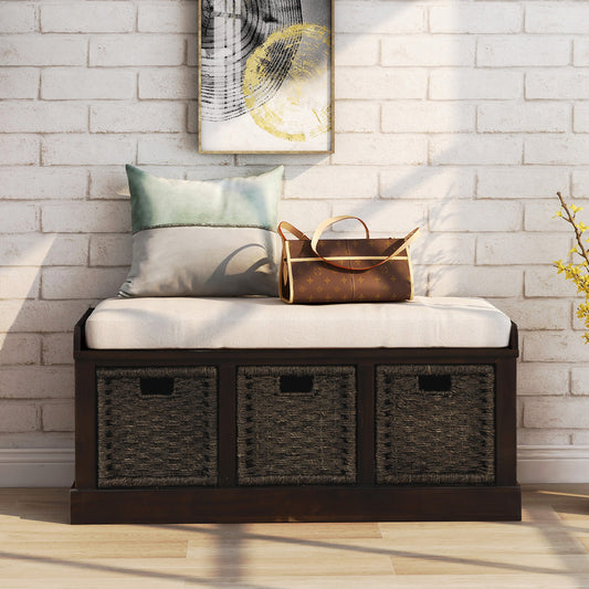 Banc de rangement avec 3 paniers amovibles en rotin classique