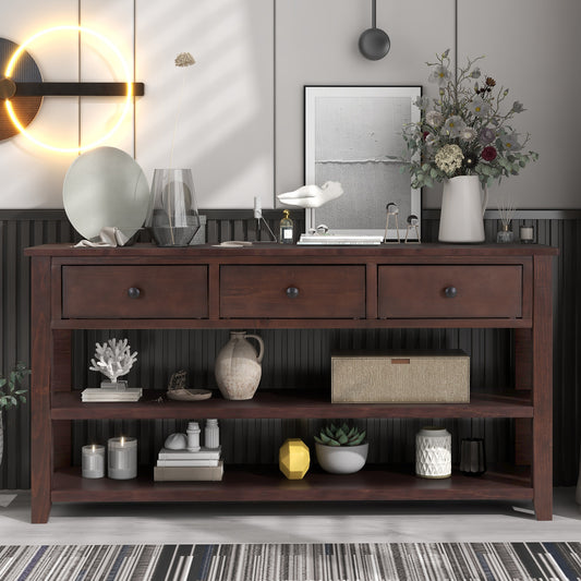 Console en bois massif avec trois tiroirs et deux étagères