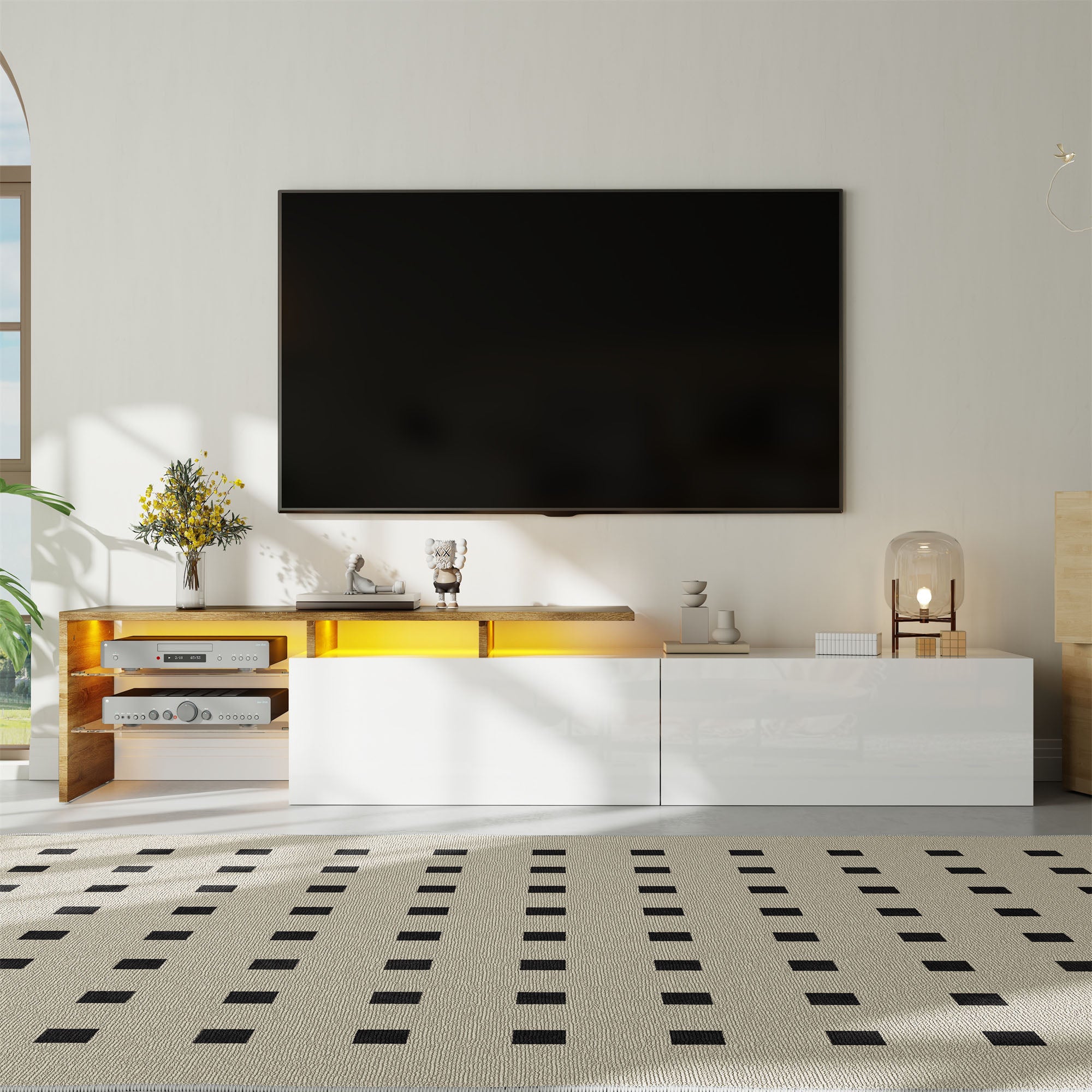Meuble TV blanc et bois, étagères en verre, éclairage LED