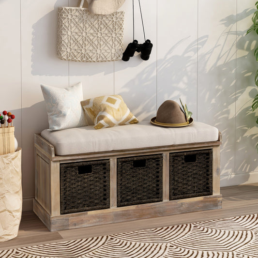 Banc de rangement avec 3 paniers amovibles en rotin classique