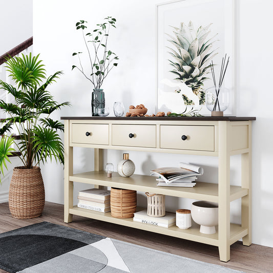 Console en bois massif avec trois tiroirs et deux étagères