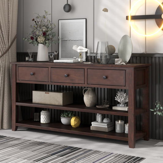 Console en bois massif avec trois tiroirs et deux étagères