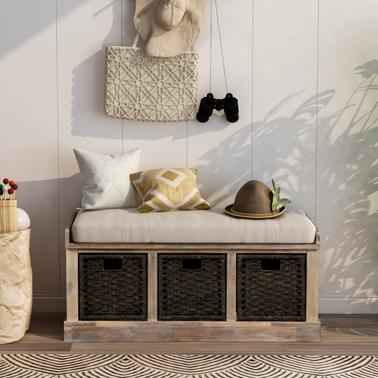 Banc de rangement avec 3 paniers amovibles en rotin classique