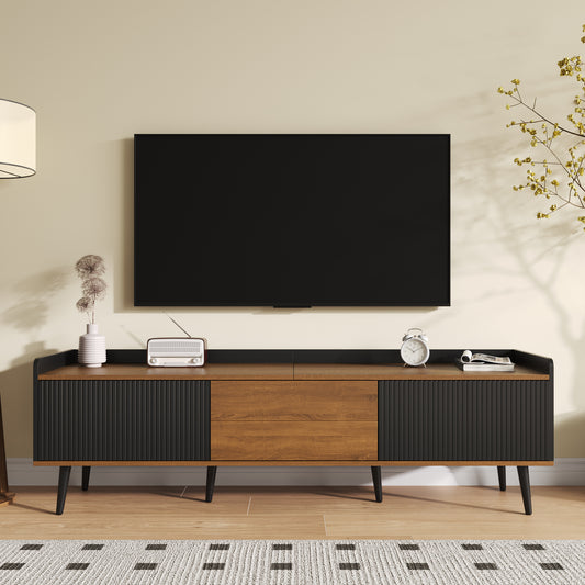 Meuble TV à trois portes, noir et bois naturel