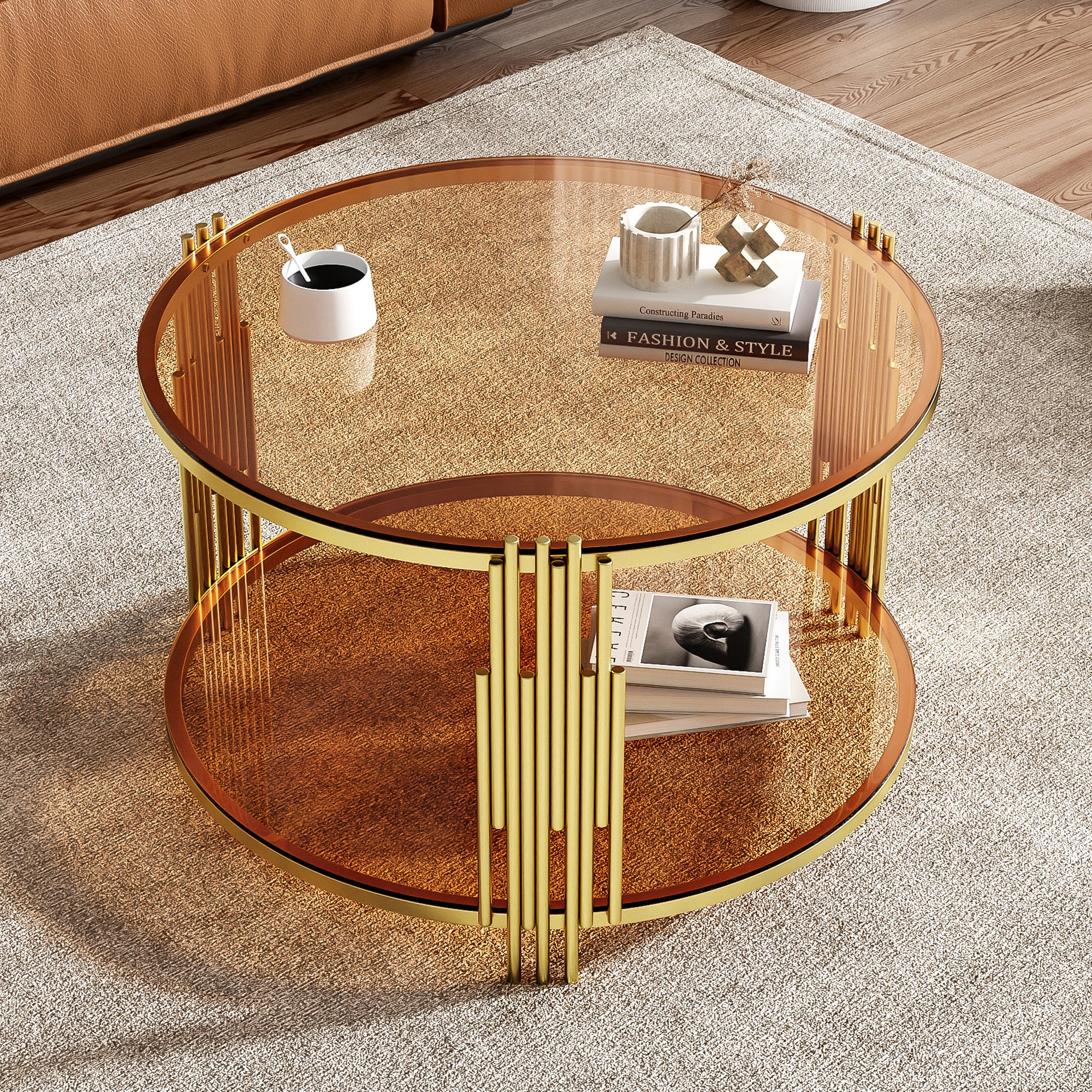 Table à café brune et dorée avec tablette inférieure