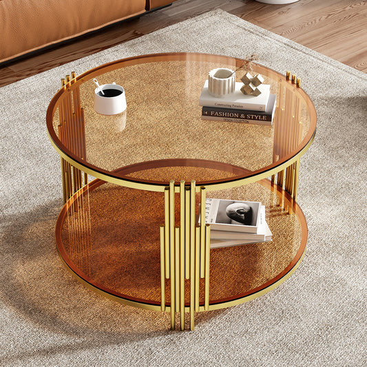 Table à café brune et dorée avec tablette inférieure