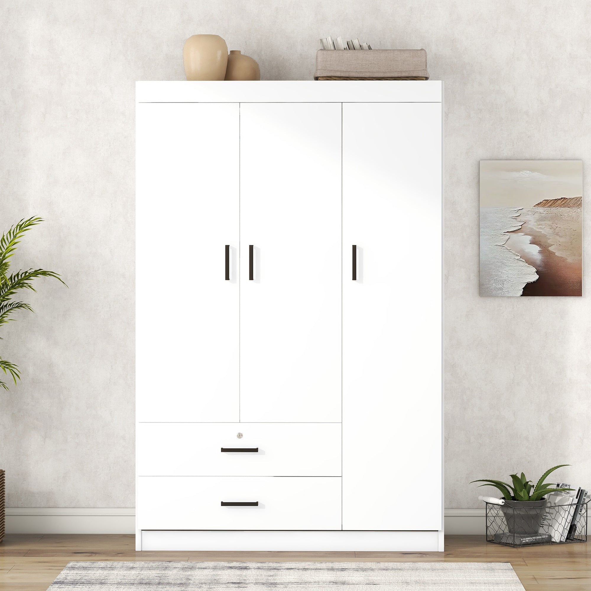Armoire en bois blanc 3 portes et 2 tiroirs