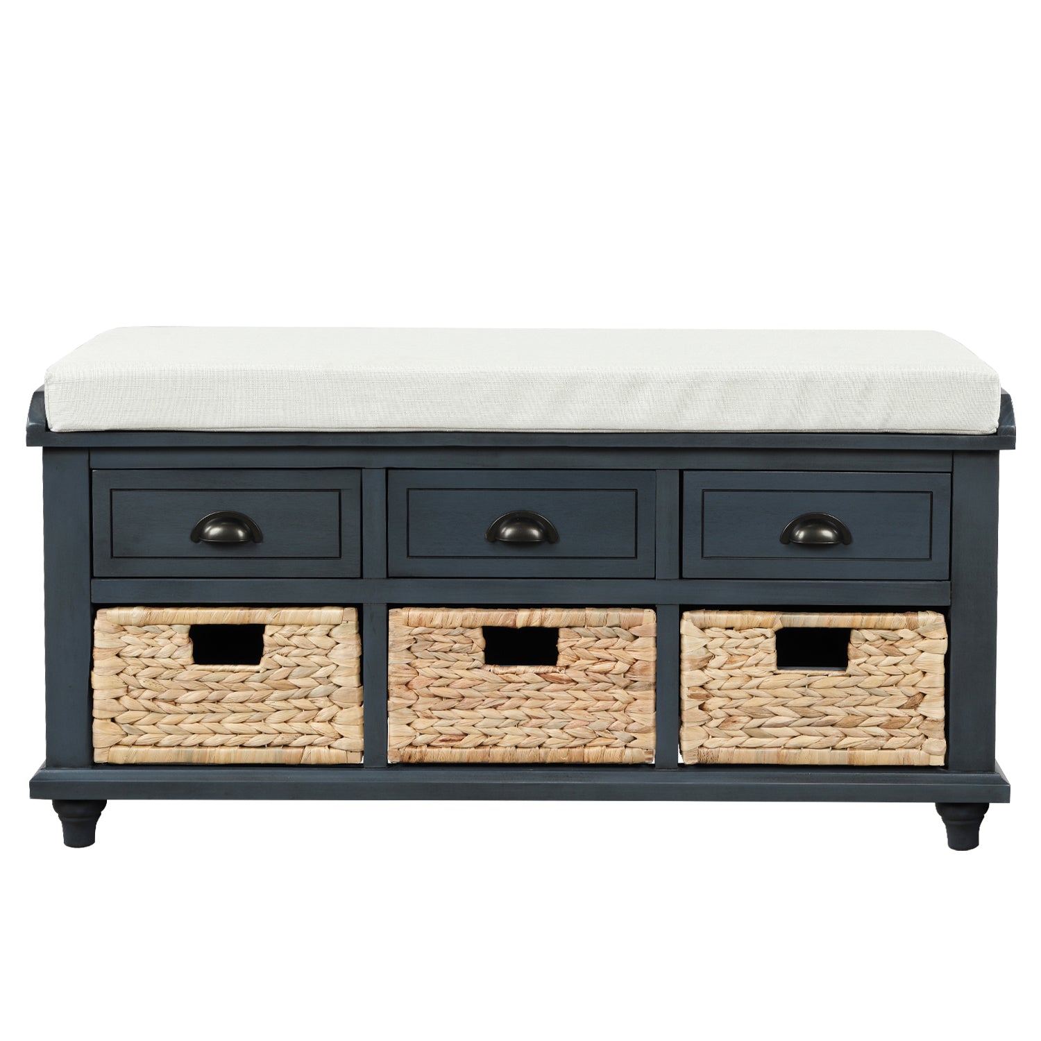Banc de rangement avec 3 tiroirs et 3 paniers en rotin