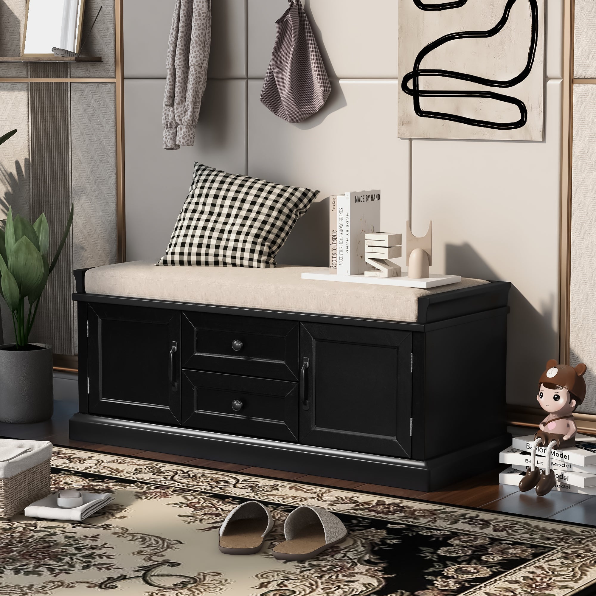 Banc de rangement à chaussure 4 portes avec étagères réglables