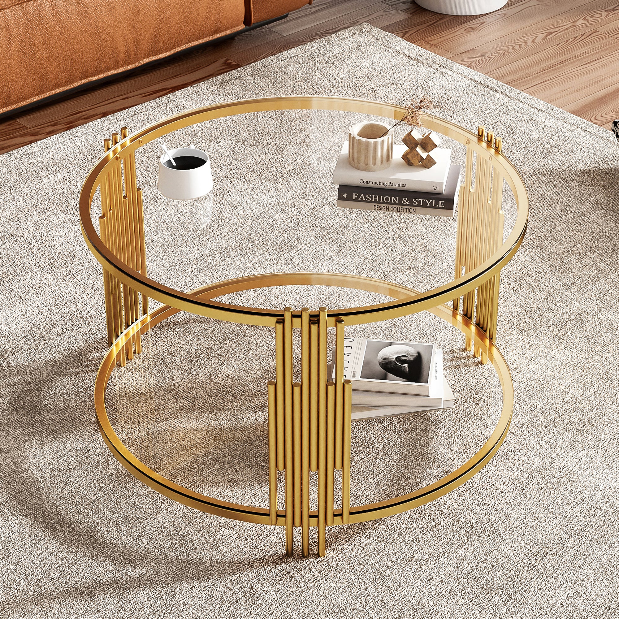 Table à café dorée avec tablette inférieure